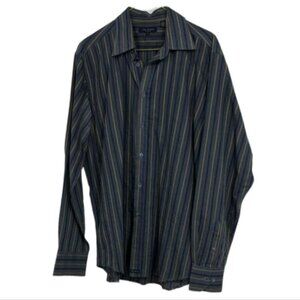 Ted Baker London vertical stripe navy and tan  button down dress shirt cotton XL